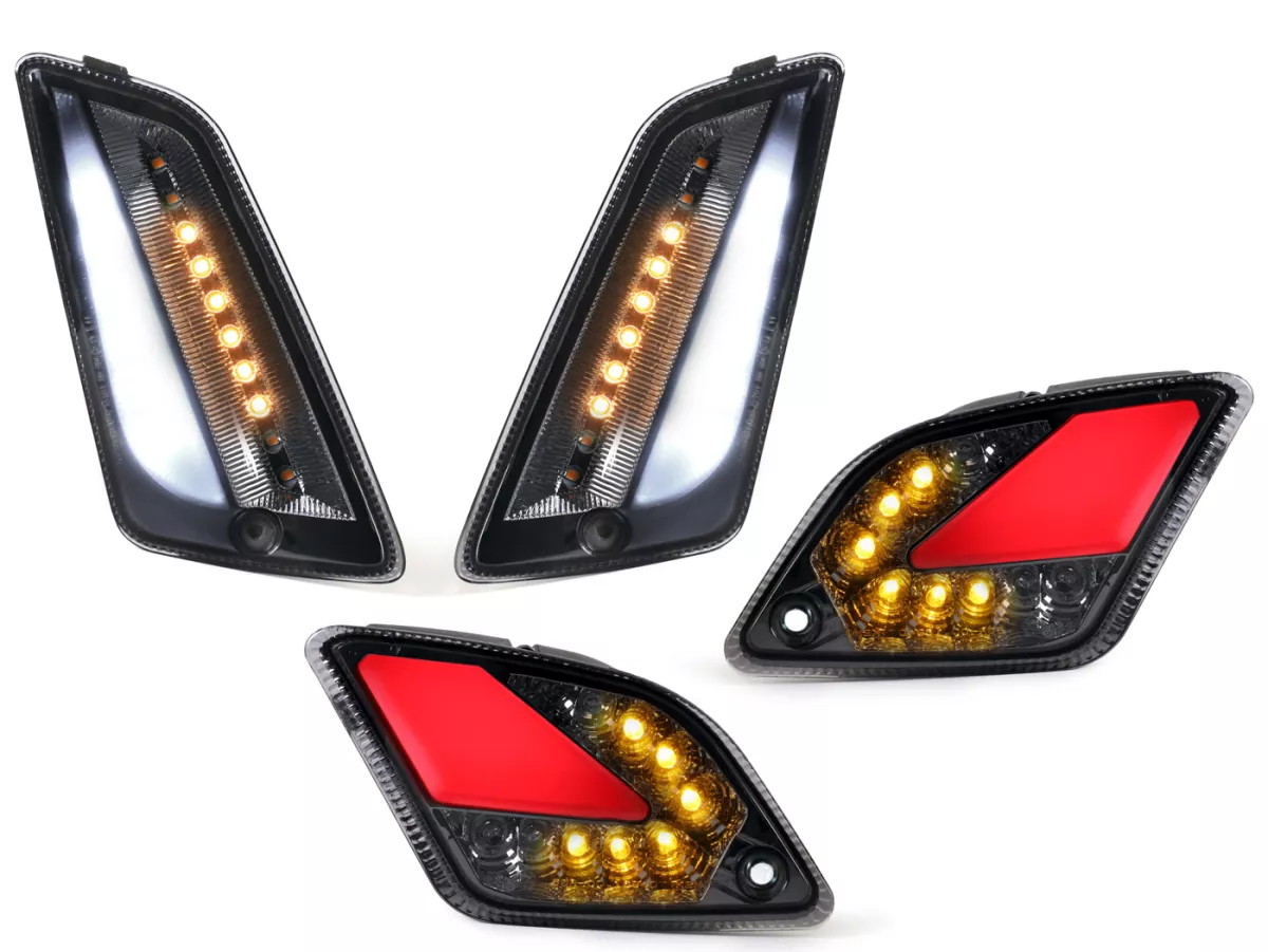 Juego de intermitentes delantero+trasero -MOTO NOSTRA (2019-2022) luz de marcha LED dinámica, luz de marcha diurna delantera + luz de posición trasera (E-mark)- Vespa GTS 125-300 HPE (2019-2022) - ahumado