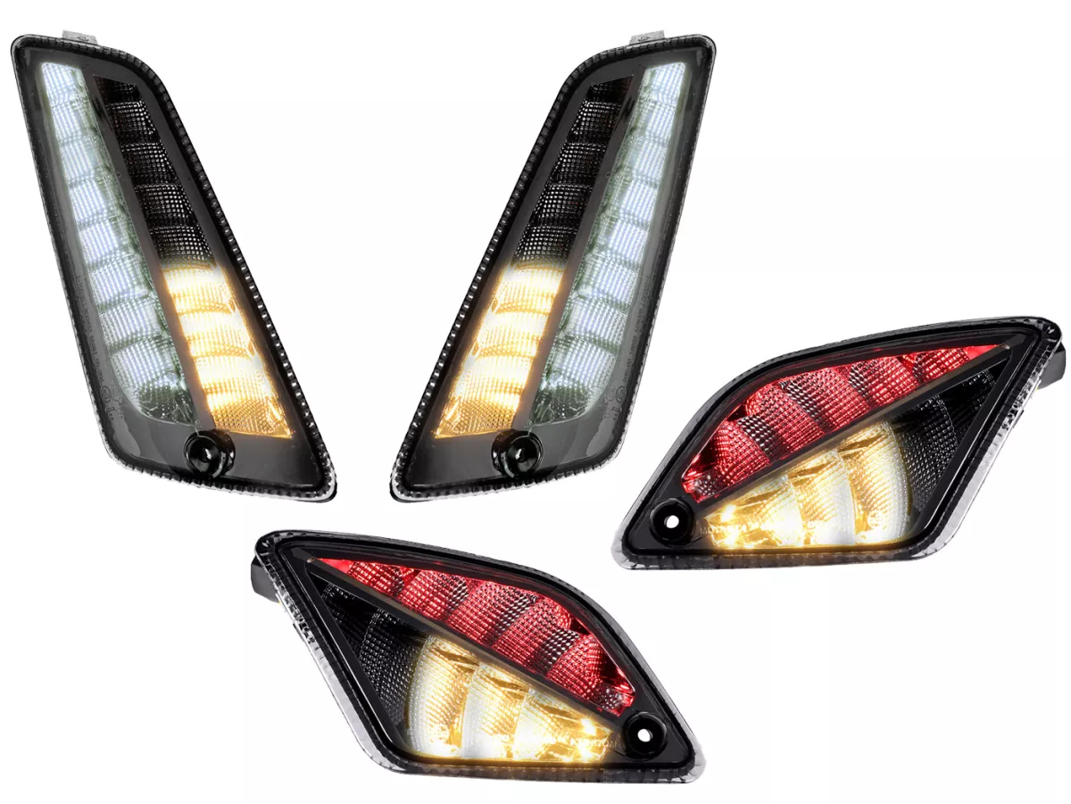 Juego de intermitentes delantero+trasero -MOTO NOSTRA 2K22 (hasta 2014) luz de marcha LED dinámica, luz de marcha diurna delantera + luz de posición trasera (E-mark)- Vespa GT, GTL, GTV, GTS 125-300 - ahumado