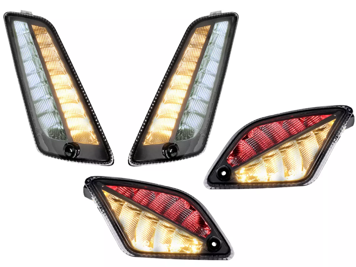 Juego de intermitentes delantero+trasero -MOTO NOSTRA 2K22 (hasta 2014) luz de marcha LED dinámica, luz de marcha diurna delantera + luz de posición trasera (E-mark)- Vespa GT, GTL, GTV, GTS 125-300 - ahumado
