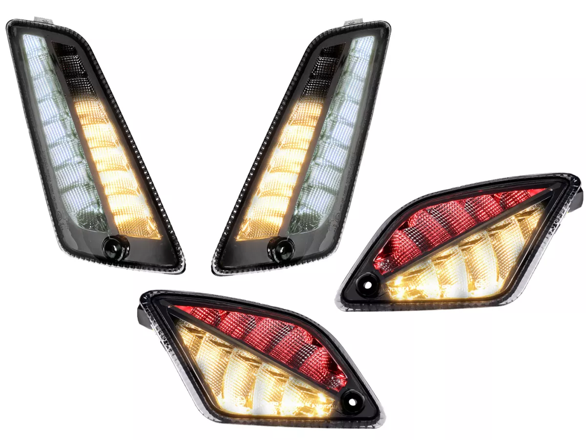Juego de intermitentes delantero+trasero -MOTO NOSTRA 2K22 (hasta 2014) luz de marcha LED dinámica, luz de marcha diurna delantera + luz de posición trasera (E-mark)- Vespa GT, GTL, GTV, GTS 125-300 - ahumado