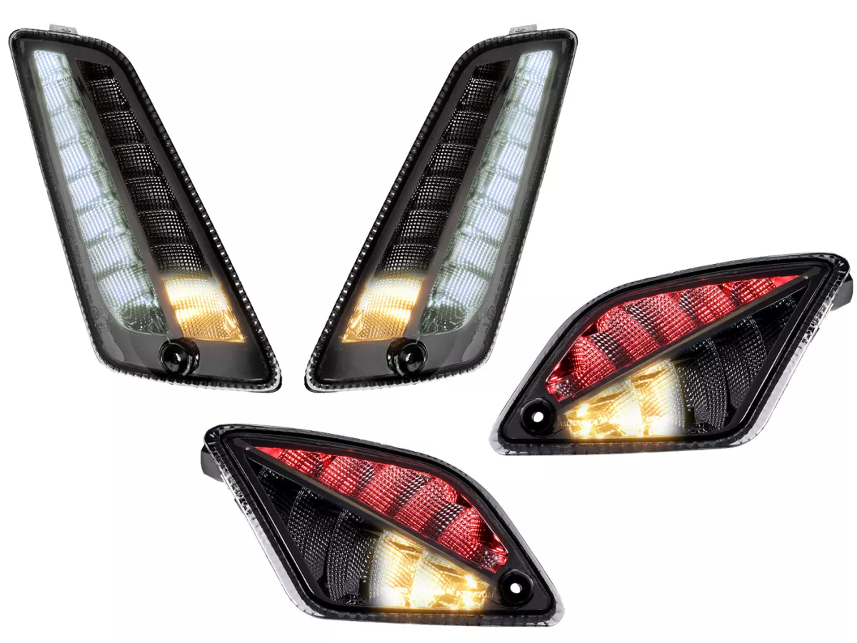 Juego de intermitentes delantero+trasero -MOTO NOSTRA 2K22 (2019-2022) luz de marcha LED dinámica, luz de marcha diurna delantera + luz de posición trasera (E-mark)- Vespa GTS 125-300 HPE (2019-2022) - ahumado