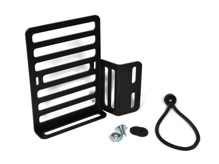 Oliekanhouder - bagagedrager voor binnenzijde beenbeschermer -MRP- Vespa Smallframe, Largeframe 10 inch - is bevestigd aan schroefdraad voor voorwielhouder - links