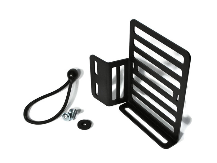 Tempat kaleng oli - Pembawa bagasi untuk pelindung kaki bagian dalam -MRP- Vespa Smallframe, Largeframe 10 inci - dipasang pada ulir untuk dudukan roda cadangan depan - kanan