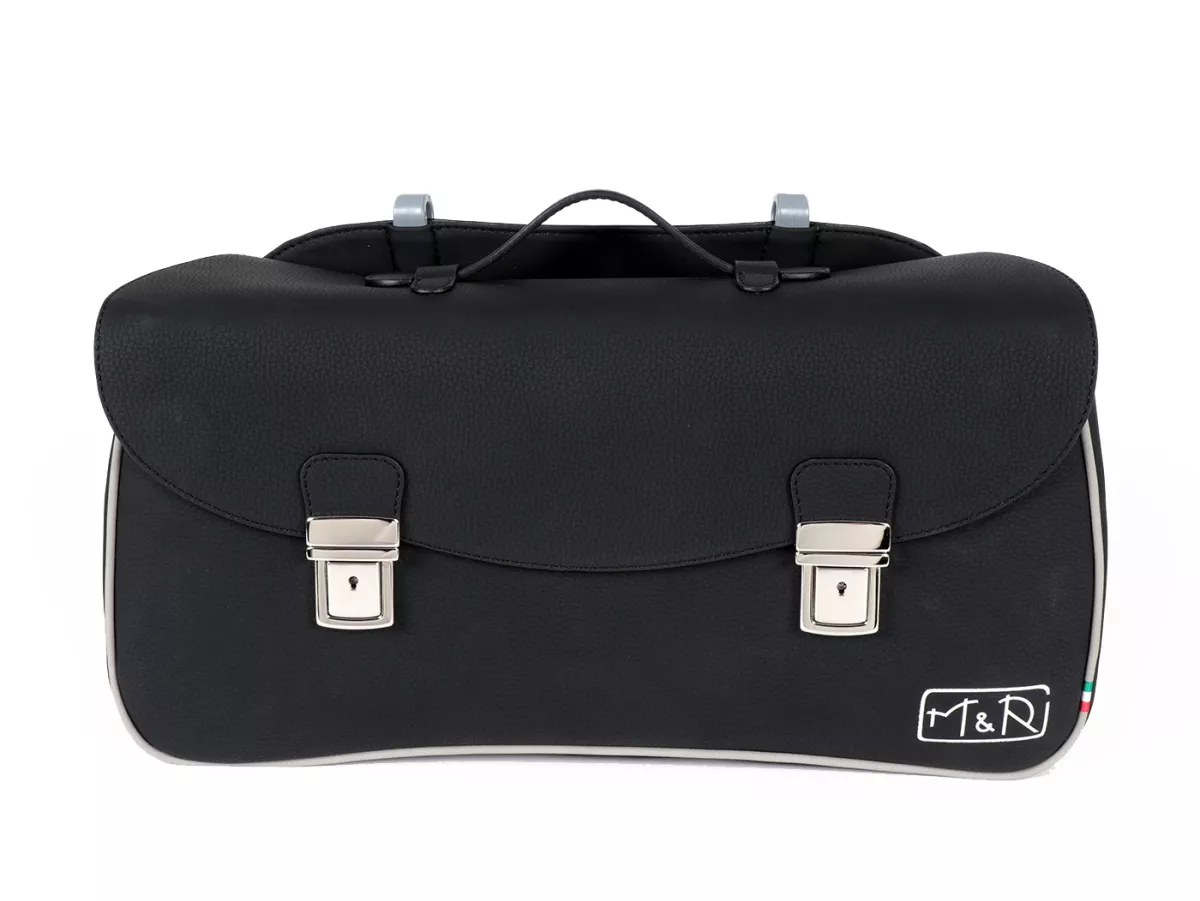 Beenschild tas, leder, buitenkant, zwart -M&R, Made in Italy- Vespa 125 VNA, VNB, Vespa 150 VBA, VBB, Vespa 150 T4 (VGLA, VGLB)