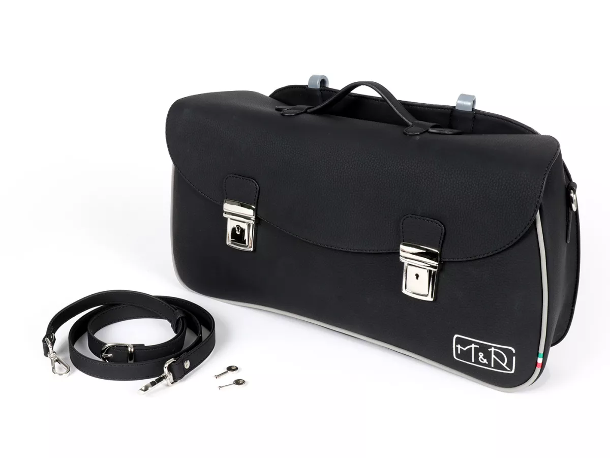 Beenschild tas, leder, buitenkant, zwart -M&R, Made in Italy- Vespa 125 VNA, VNB, Vespa 150 VBA, VBB, Vespa 150 T4 (VGLA, VGLB)
