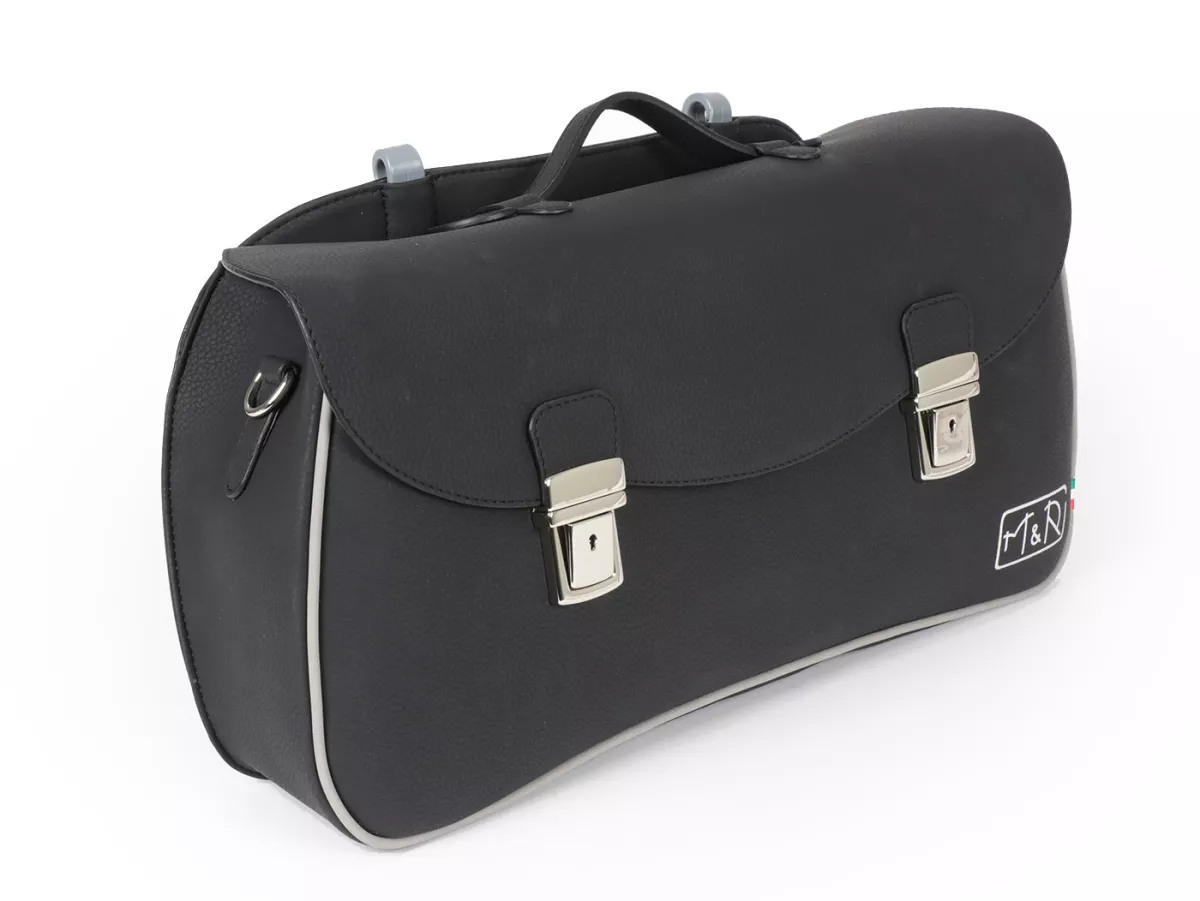 Beenschild tas, leder, buitenkant, zwart -M&R, Made in Italy- Vespa 125 VNA, VNB, Vespa 150 VBA, VBB, Vespa 150 T4 (VGLA, VGLB)