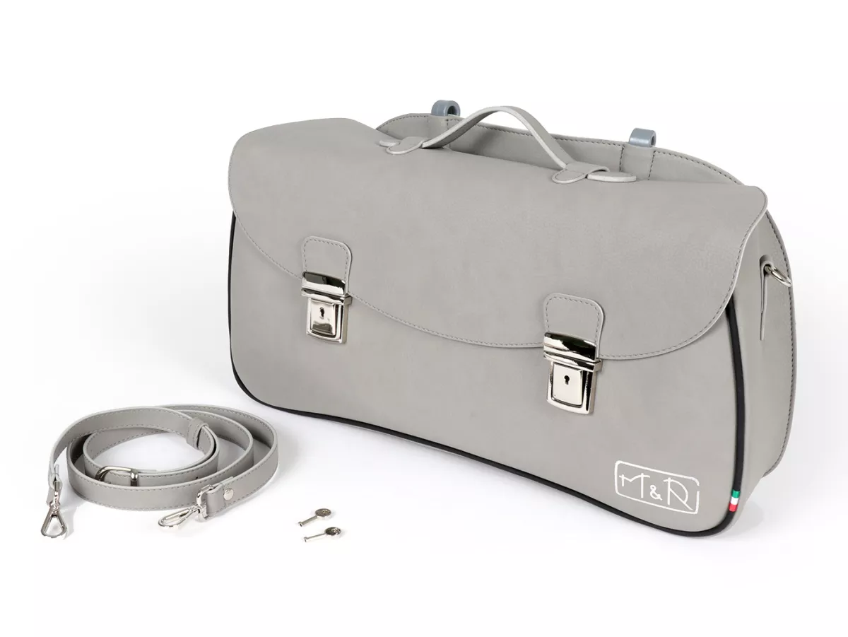Bolsa cubrepiernas, cuero, exterior, gris -M&R, Made in Italy- Vespa 125 VNA, VNB, Vespa 150 VBA, VBB, Vespa 150 T4 (VGLA, VGLB)