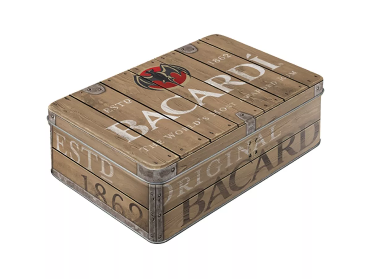 Förvaringsburk, platt -Nostalgisk konst - Bacardi - Wood Barrel Logo - 23x16x7cm (2,5l)