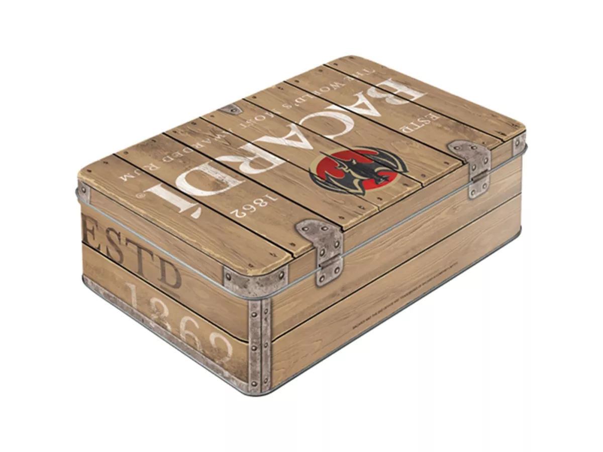 Förvaringsburk, platt -Nostalgisk konst - Bacardi - Wood Barrel Logo - 23x16x7cm (2,5l)