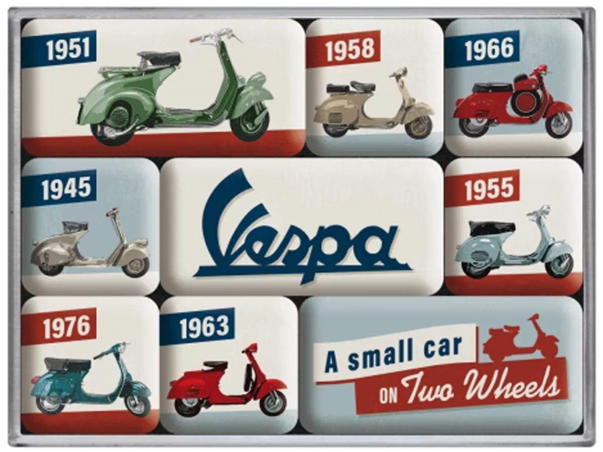 Set d'aimants -Nostalgic Art- Vespa, (9 pièces) - Dans boîte cadeau 7x9,3x2cm