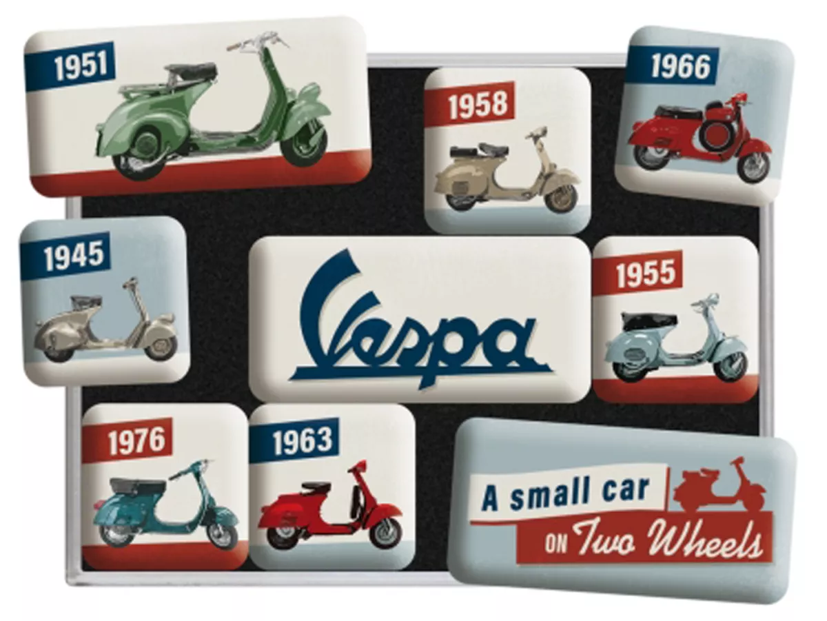 Set d'aimants -Nostalgic Art- Vespa, (9 pièces) - Dans boîte cadeau 7x9,3x2cm