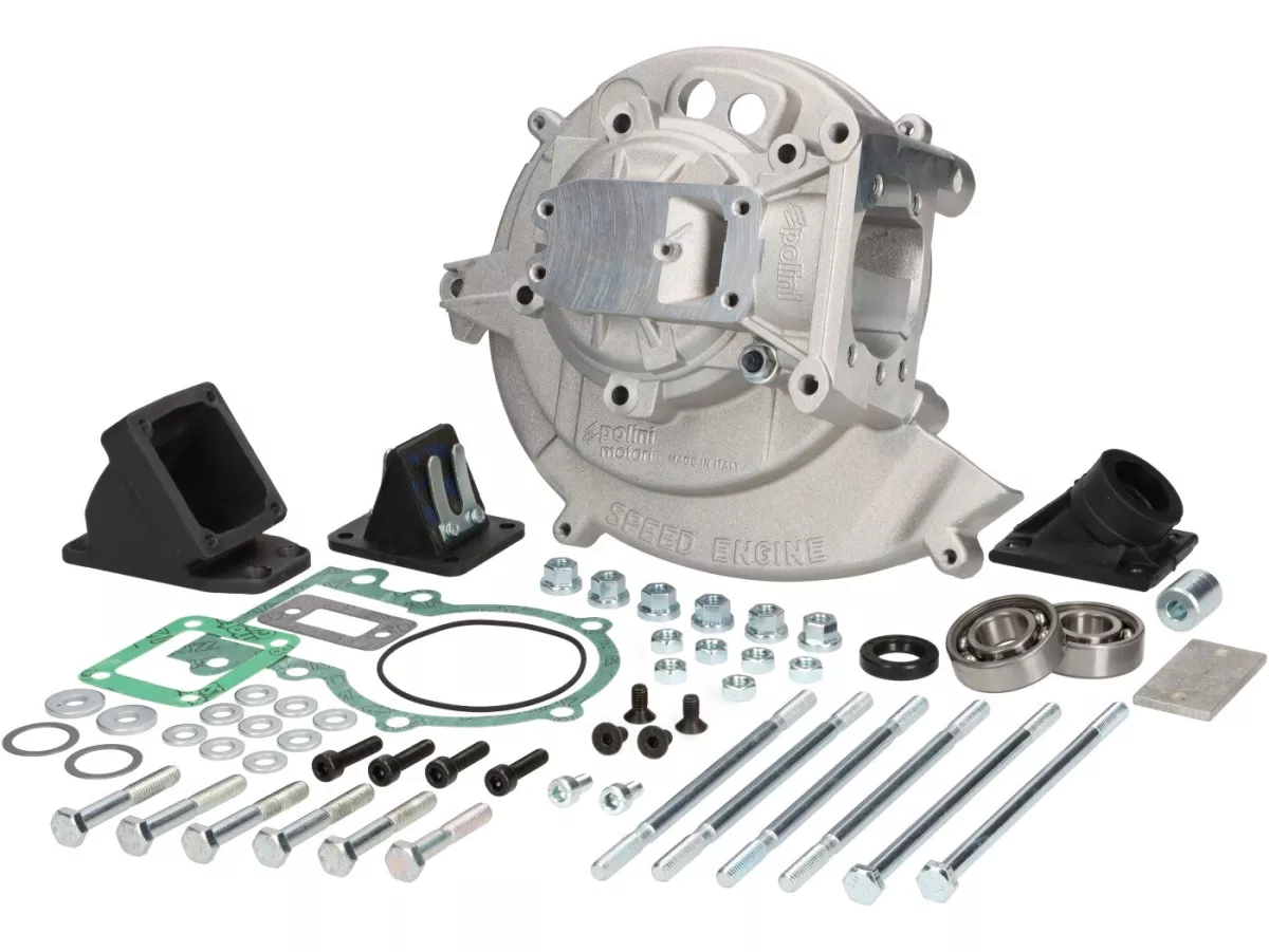 Engine housing -POLINI- 4P - Speedengine - elect. ignition - Piaggio Ciao, Boss, Boxer, SI, Grillo, Bravo, Superbravo - 4 studs, side intake