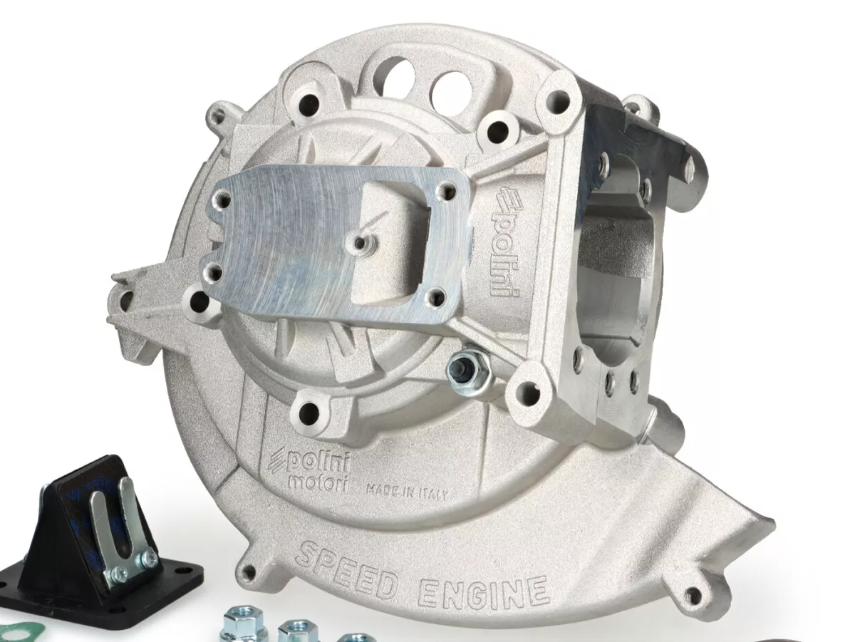 Engine housing -POLINI- 4P - Speedengine - elect. ignition - Piaggio Ciao, Boss, Boxer, SI, Grillo, Bravo, Superbravo - 4 studs, side intake