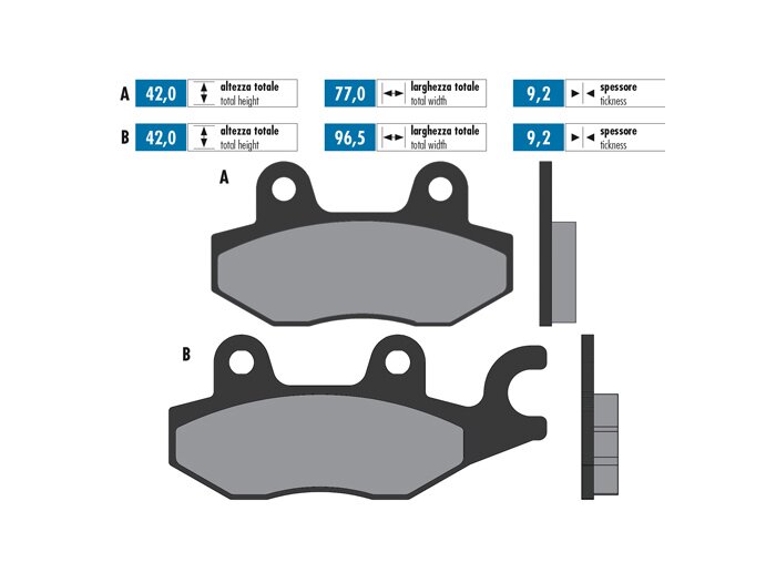 Pastillas de freno -POLINI 77,4x42,3/98,8x42,3mm- CAGIVA Elefant es decir 900ccm año 1991-1992 (h), DAELIM City Ace 110ccm año 2006 (), Roadwin 125ccm año 2003 (), DAELIM 4 ruedas ET Quad 250ccm año 2006 (vh), HONDA CBF 250ccm año 2004 (), Dream 50ccm año