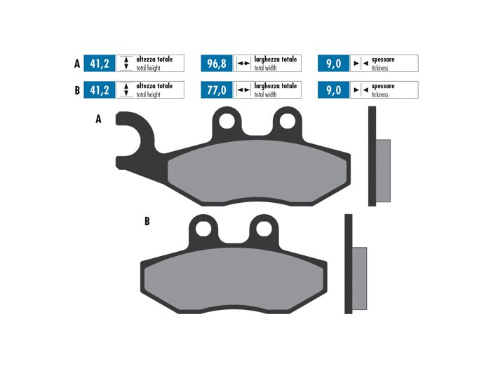 Brake pads -POLINI 76.8x41.8/96.9x41.2mm- Heng Tong (Ø12mm) - GTS300 HPE, Supertech, Supersport, Super Racing Sixties, Super Notte, Yacht Club, Touring, Super, GTV300 Sei Giorni, GT, GTL, GTS, Runner FX/FXR/VX/VXR 125-180-200, SP50, Fuoco 500, Nexus 125-2