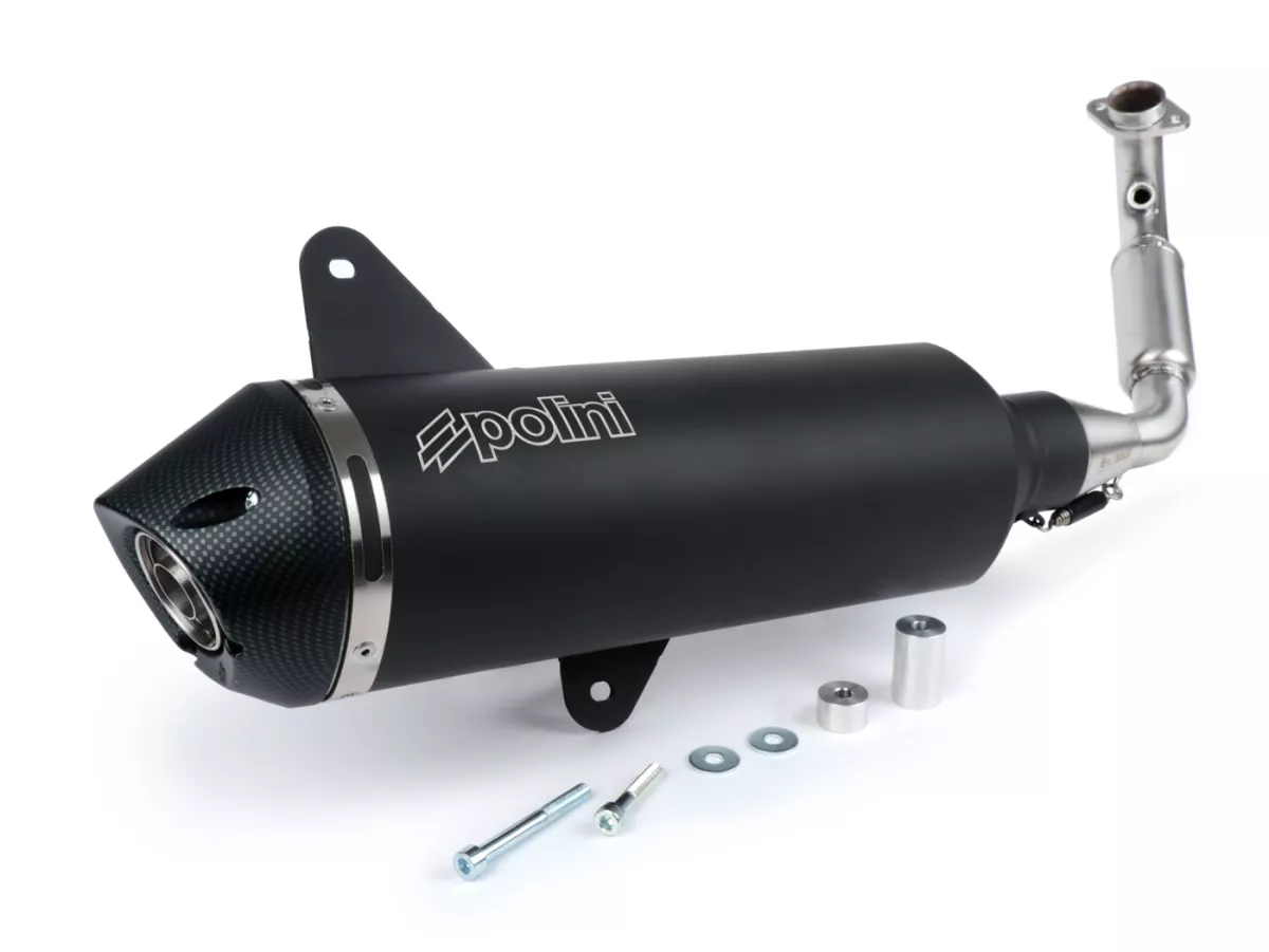 Scarico -POLINI- completo - Vespa GTS 300, GTS Super 300 (MD31M) - (Euro 5, ZAPMD3100, ZAPMD3101, ZAPMD3101, ZAPMD3103, ZAPMD3104) - Vespa GTV 300ie Keyless HPE ABS (2023, ZAPMD3108) - alluminio (nero) - omologato, con catalizzatore