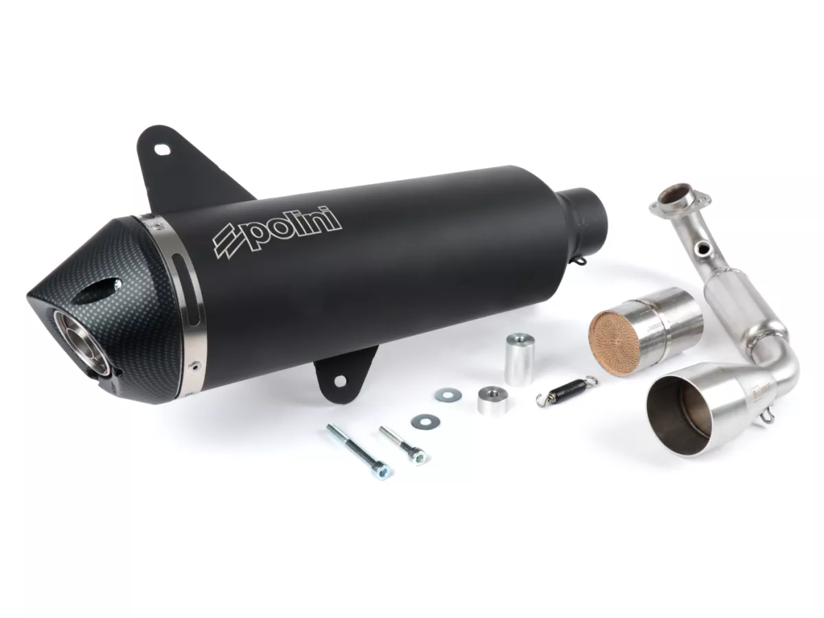 Scarico -POLINI- completo - Vespa GTS 300, GTS Super 300 (MD31M) - (Euro 5, ZAPMD3100, ZAPMD3101, ZAPMD3101, ZAPMD3103, ZAPMD3104) - Vespa GTV 300ie Keyless HPE ABS (2023, ZAPMD3108) - alluminio (nero) - omologato, con catalizzatore