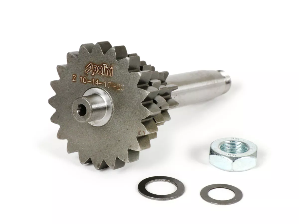 Gear cluster -POLINI- Vespa V50, PV125, ET3, PK50, PK80, PK125 S-XL - 10-14-17-20 teeth (used with genuine gear box, shortens 3rd and 4th gear)