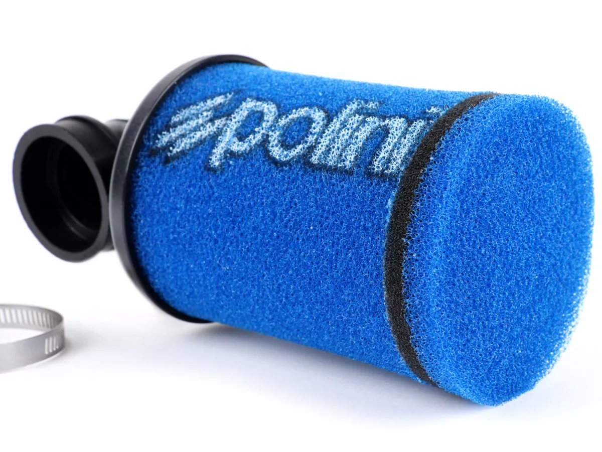 Filter udara -POLINI Evolution 90°, L = 190mm- lebar sambungan = Ø39mm - biru - digunakan untuk Dell'Orto PHBG19-21, PHBL24, PHBL25