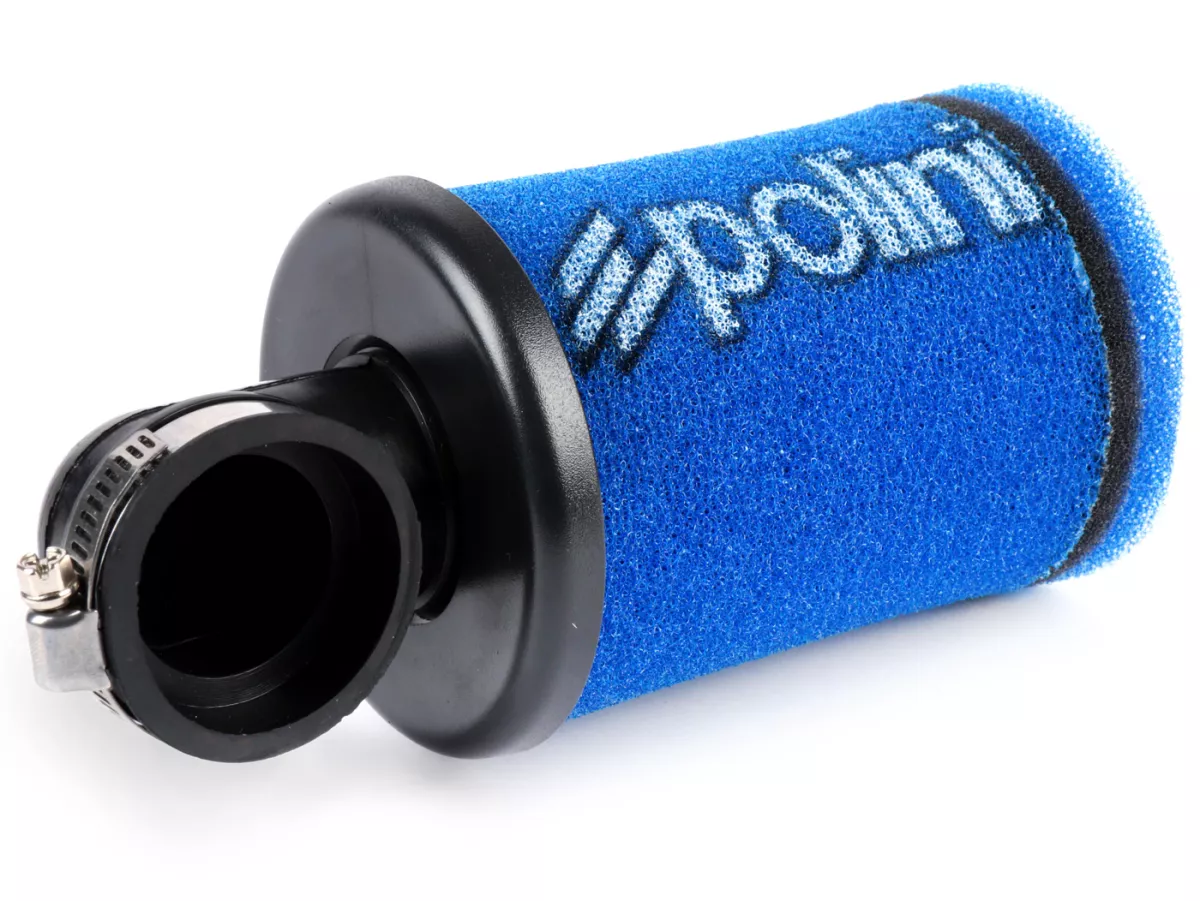 Filter udara -POLINI Evolution 90°, L = 190mm- lebar sambungan = Ø39mm - biru - digunakan untuk Dell'Orto PHBG19-21, PHBL24, PHBL25