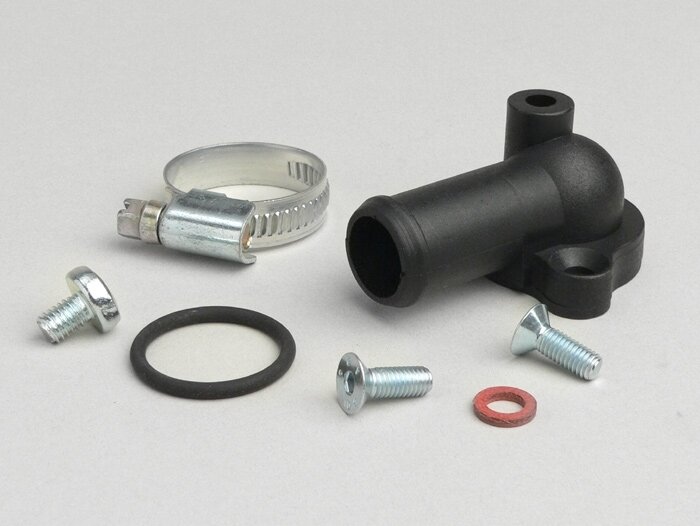 Conector manguera radiador -POLINI- Piaggio 50 ccm LC, Peugeot vertical 50 ccm LC - 90° acodado