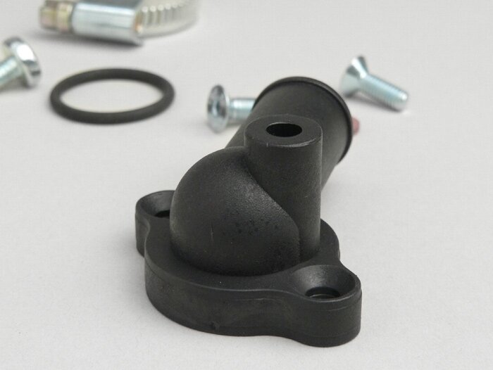 Conector manguera radiador -POLINI- Piaggio 50 ccm LC, Peugeot vertical 50 ccm LC - 90° acodado