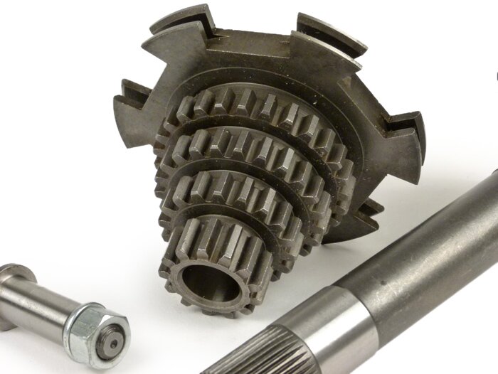 Gearbox lengkap termasuk poros bantu (pohon cemara), poros utama, roda gigi 1, 2, 3, 4 -PINASCO- Vespa Wideframe 1955-1959 (V30-33, VM, VN, VL, VB1)