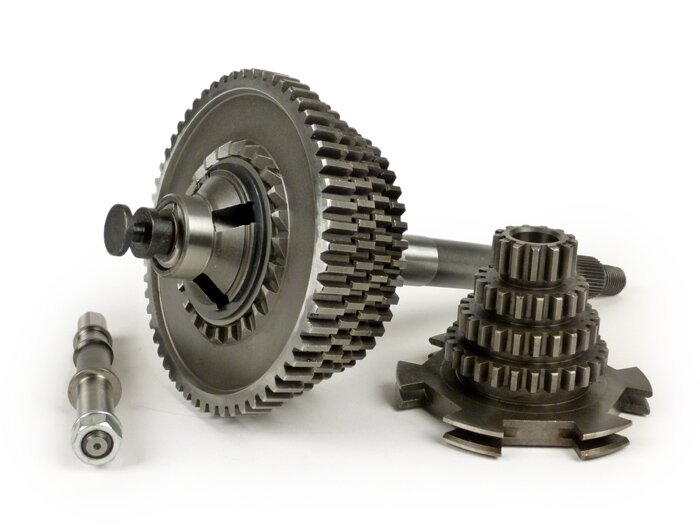 Gearbox lengkap termasuk poros bantu (pohon cemara), poros utama, roda gigi 1, 2, 3, 4 -PINASCO- Vespa Wideframe 1955-1959 (V30-33, VM, VN, VL, VB1)