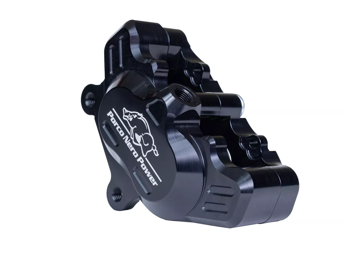 Voorremklauw (met TÜV onderdelencertificaat) -PORCO NERO POWER 2.0 CNC by Spiegler 4-zuiger, Ø=25/29mm- Vespa GT/GTS/GTV 125-300cc (met en zonder ABS) - zwart geanodiseerd