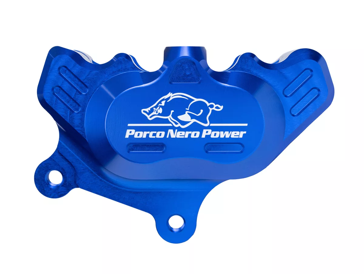 Pinza de freno delantero (con certificado de piezas TÜV) -PORCO NERO POWER 2.0 CNC by Spiegler 4 pistones, Ø=25/29mm- Vespa GT/GTS/GTV 125-300cc (con y sin ABS) - anodizado azul