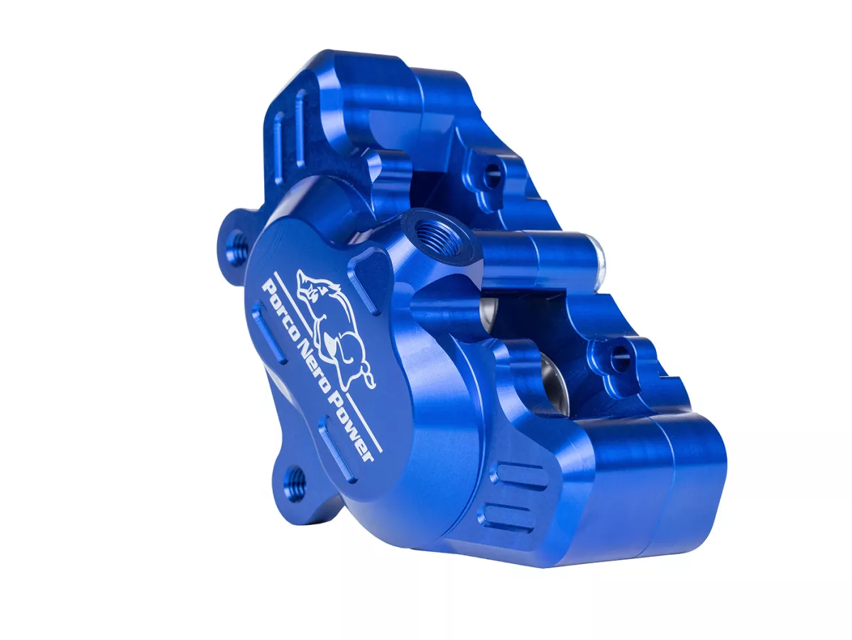 Pinza de freno delantero (con certificado de piezas TÜV) -PORCO NERO POWER 2.0 CNC by Spiegler 4 pistones, Ø=25/29mm- Vespa GT/GTS/GTV 125-300cc (con y sin ABS) - anodizado azul