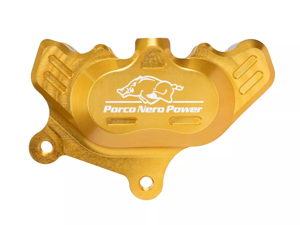 Brake caliper, front (with TÜV parts certificate) -PORCO NERO POWER 2.0 CNC by Spiegler 4-piston, Ø=25/29mm- Vespa GT/GTS/GTV 125-300cc (with and without ABS) - gold anodised