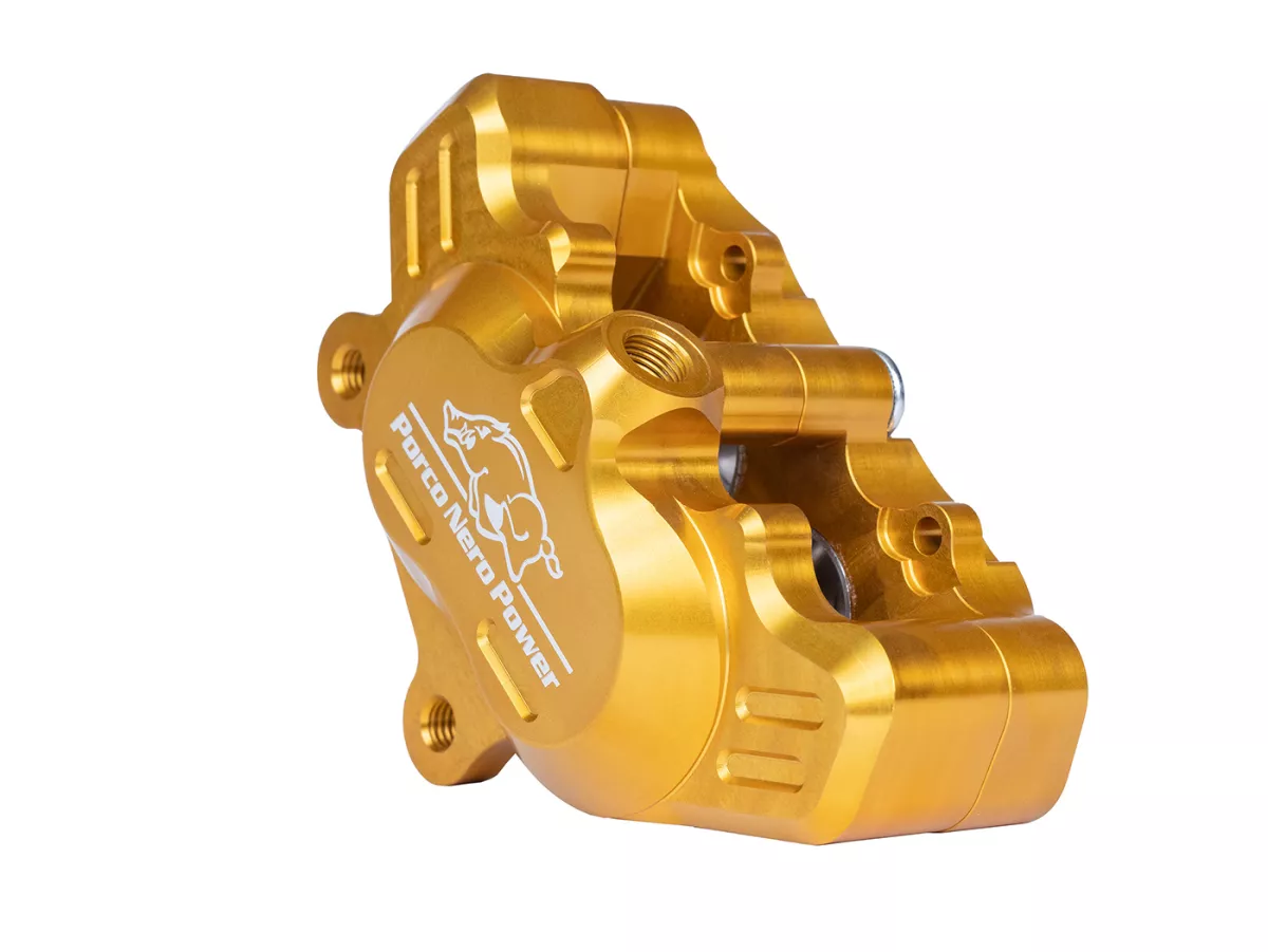 Brake caliper, front (with TÜV parts certificate) -PORCO NERO POWER 2.0 CNC by Spiegler 4-piston, Ø=25/29mm- Vespa GT/GTS/GTV 125-300cc (with and without ABS) - gold anodised