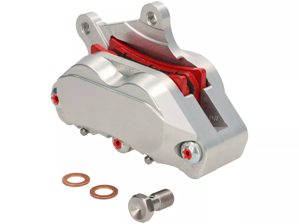 Brake caliper, front (with TÜV certification) -PORCO NERO POWER 2.0 CNC by Spiegler 4-piston, Ø=25/29mm- Vespa GT/GTS/GTV 125-300cc (with and without ABS)  - anodised silver