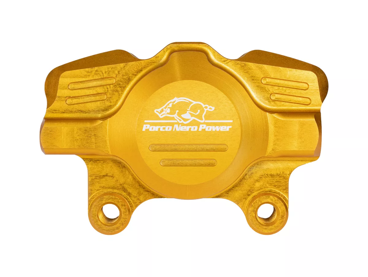 Brake caliper, rear (with TÜV parts certificate) -PORCO NERO POWER 2.0 CNC by Spiegler 2-piston, Ø=29mm- Vespa GT/GTS/GTV 125-300cc (with and without ABS) - gold anodised