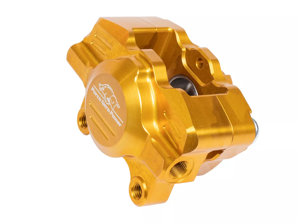Brake caliper, rear (with TÜV parts certificate) -PORCO NERO POWER 2.0 CNC by Spiegler 2-piston, Ø=29mm- Vespa GT/GTS/GTV 125-300cc (with and without ABS) - gold anodised