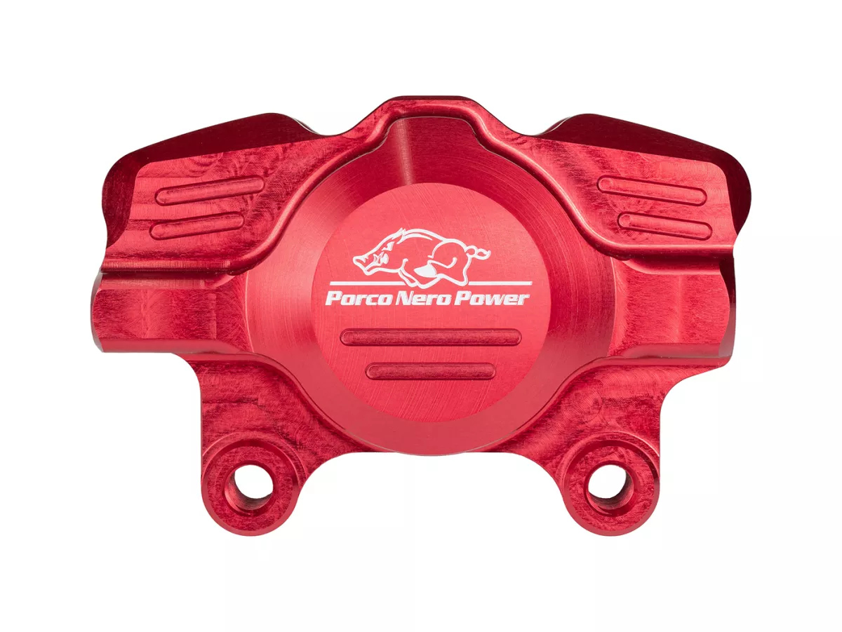 Kaliper rem belakang (dengan sertifikat suku cadang TÜV) -PORCO NERO POWER 2.0 CNC oleh Spiegler 2-piston, Ø = 29mm- Vespa GT/GTS/GTV 125-300cc (dengan dan tanpa ABS) - anodisasi merah