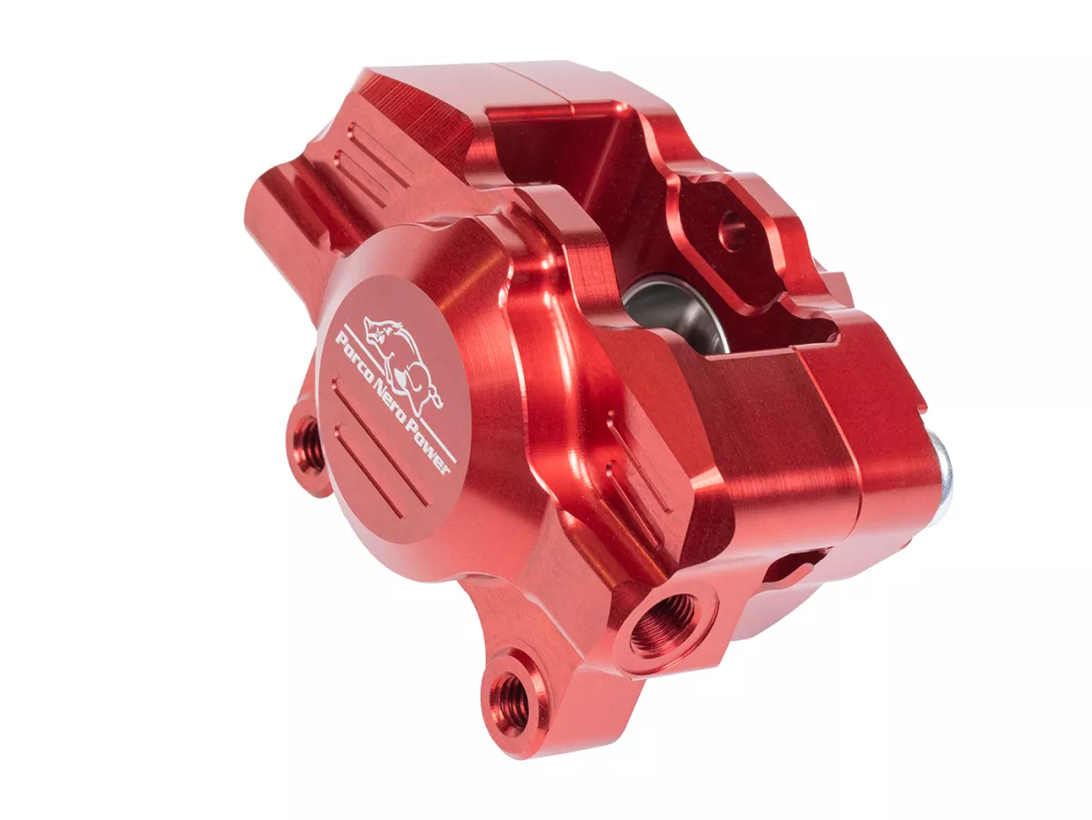 Kaliper rem belakang (dengan sertifikat suku cadang TÜV) -PORCO NERO POWER 2.0 CNC oleh Spiegler 2-piston, Ø = 29mm- Vespa GT/GTS/GTV 125-300cc (dengan dan tanpa ABS) - anodisasi merah