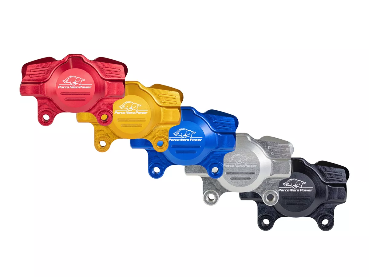 Kaliper rem belakang (dengan sertifikat suku cadang TÜV) -PORCO NERO POWER 2.0 CNC oleh Spiegler 2-piston, Ø = 29mm- Vespa GT/GTS/GTV 125-300cc (dengan dan tanpa ABS) - anodisasi merah