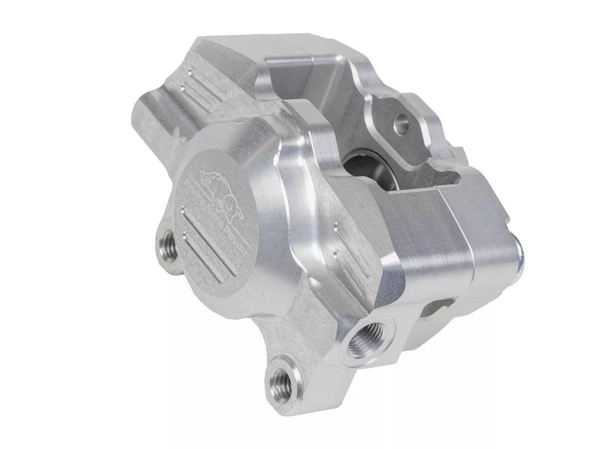 Pinza de freno trasero (con certificado de piezas TÜV) -PORCO NERO POWER 2.0 CNC by Spiegler 2 pistones, Ø=29mm- Vespa GT/GTS/GTV 125-300cc (con y sin ABS) - anodizado plata