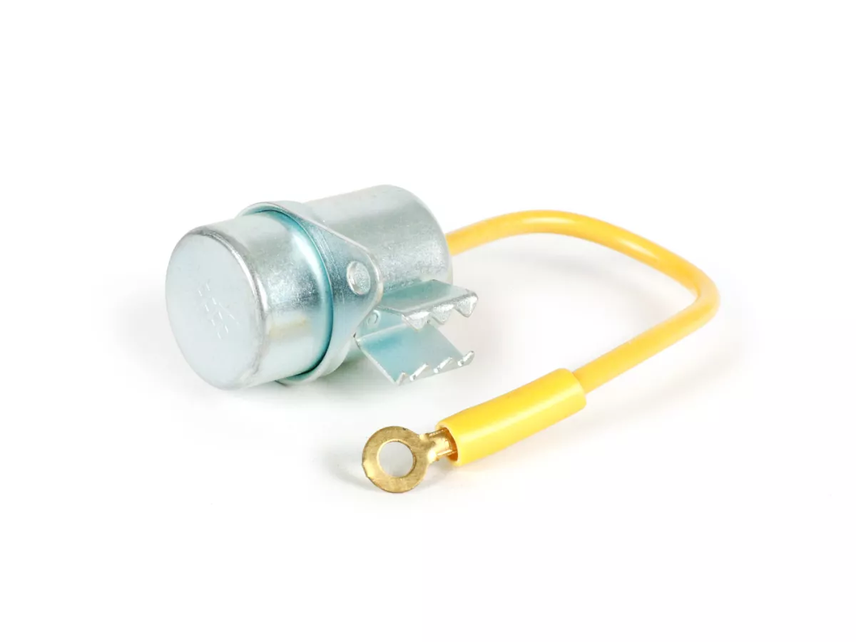 Condensateur -RMS Ø=18x27mm- Piaggio Ciao SC, Bravo, Boxer - avec œillet de fixation, 1 fil (jaune)