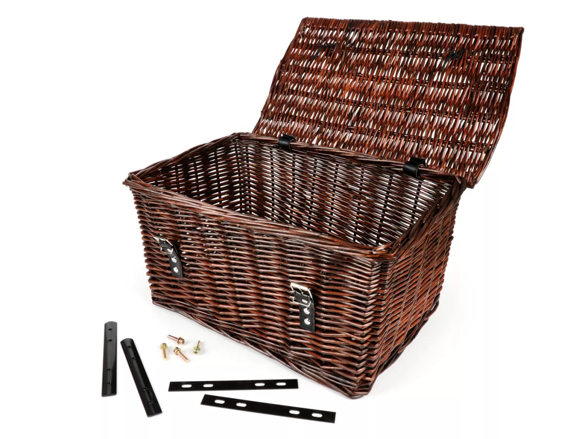 Mand - rieten mand met deksel incl. bevestigingsset -OEM KWALITEIT 47x31x25cm- fiets, scooter, step, Vespa, bromfiets - kleur: bruin