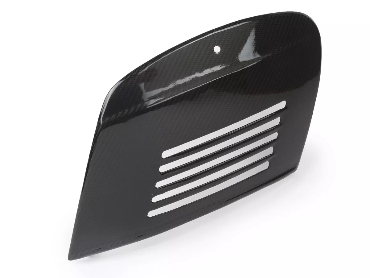 Volet latéral droit -TOMAS COMPOSITI, carbone véritable Vespa V50 (V5A1T à partir du n° 92877), V50 S (V5SA1T à partir du n° 15325), V90 (à partir du n° 22234), SS50, SS90, PV125, ET3 - avec levier