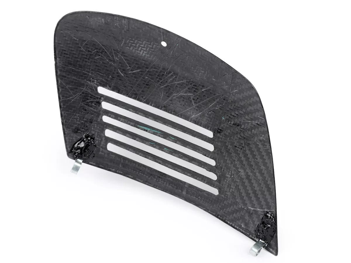 Volet latéral droit -TOMAS COMPOSITI, carbone véritable Vespa V50 (V5A1T à partir du n° 92877), V50 S (V5SA1T à partir du n° 15325), V90 (à partir du n° 22234), SS50, SS90, PV125, ET3 - avec levier