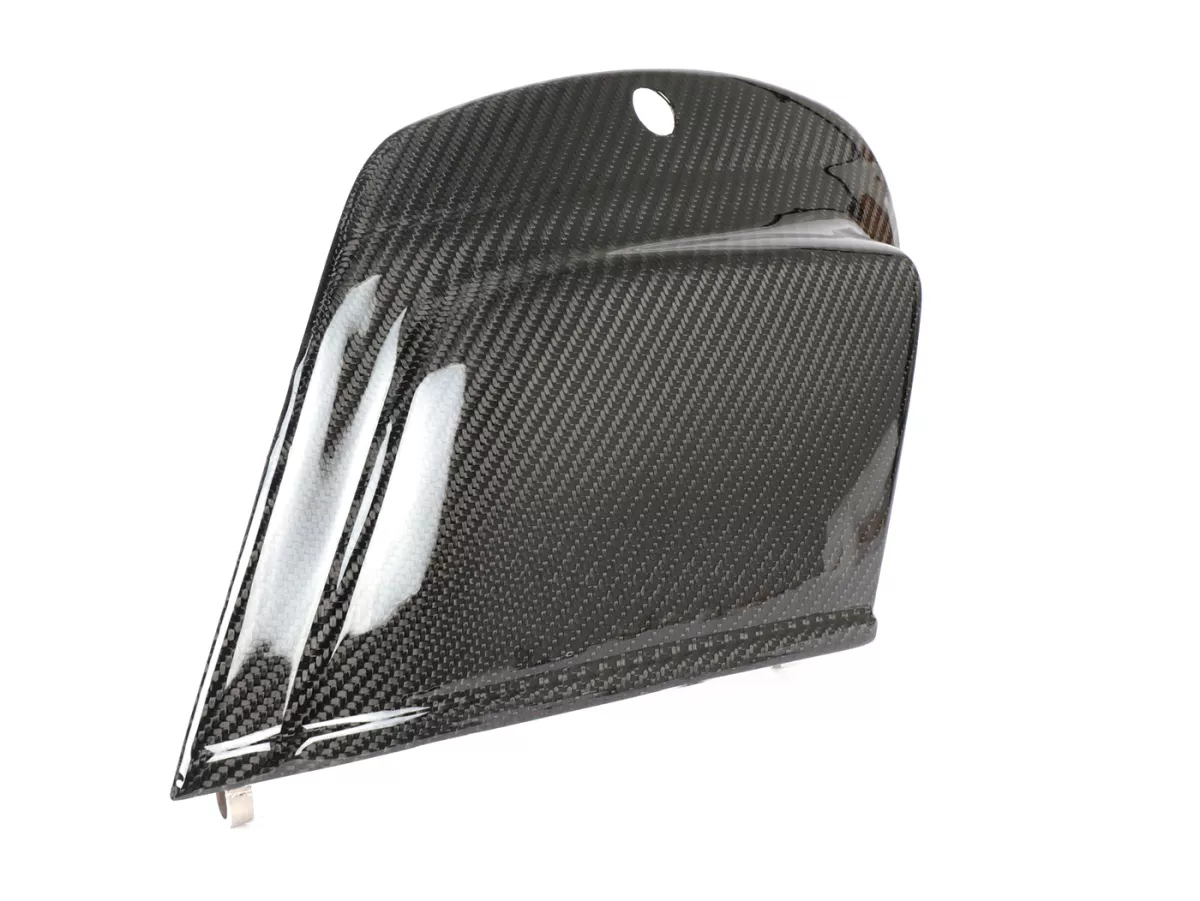 Faldón lateral derecho -TOMAS COMPOSITI, fibra de carbono auténtica para Quattrini M200- Vespa V50 (V5A1T a partir del nº 92877), V50 S (V5SA1T a partir del nº 15325), V90 (a partir del nº 22234), SS50, SS90, PV125, ET3 - con cerradura