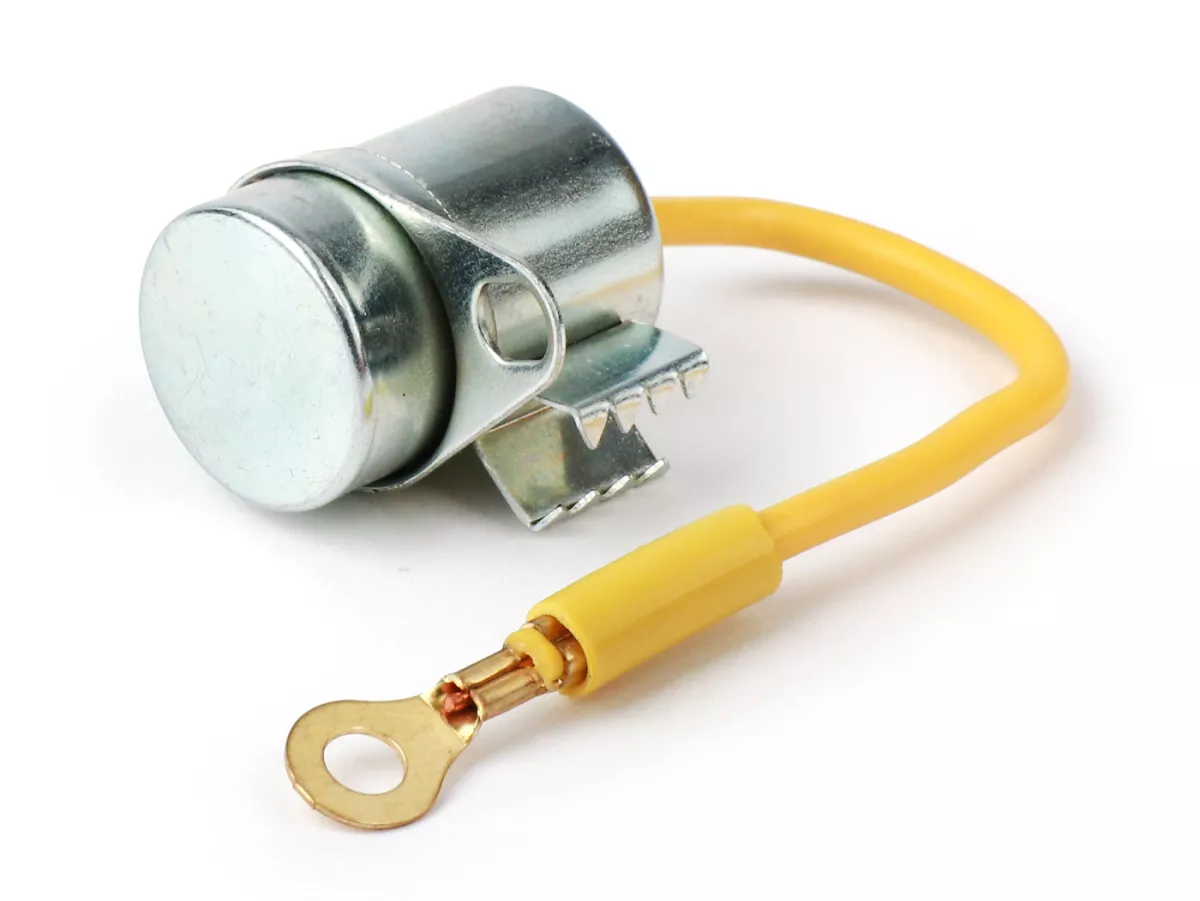 Condensateur -101 OCTANE- Ø=18x27mm- Piaggio Ciao SC, Bravo, Boxer - avec œillet de fixation, 1 fil (jaune)