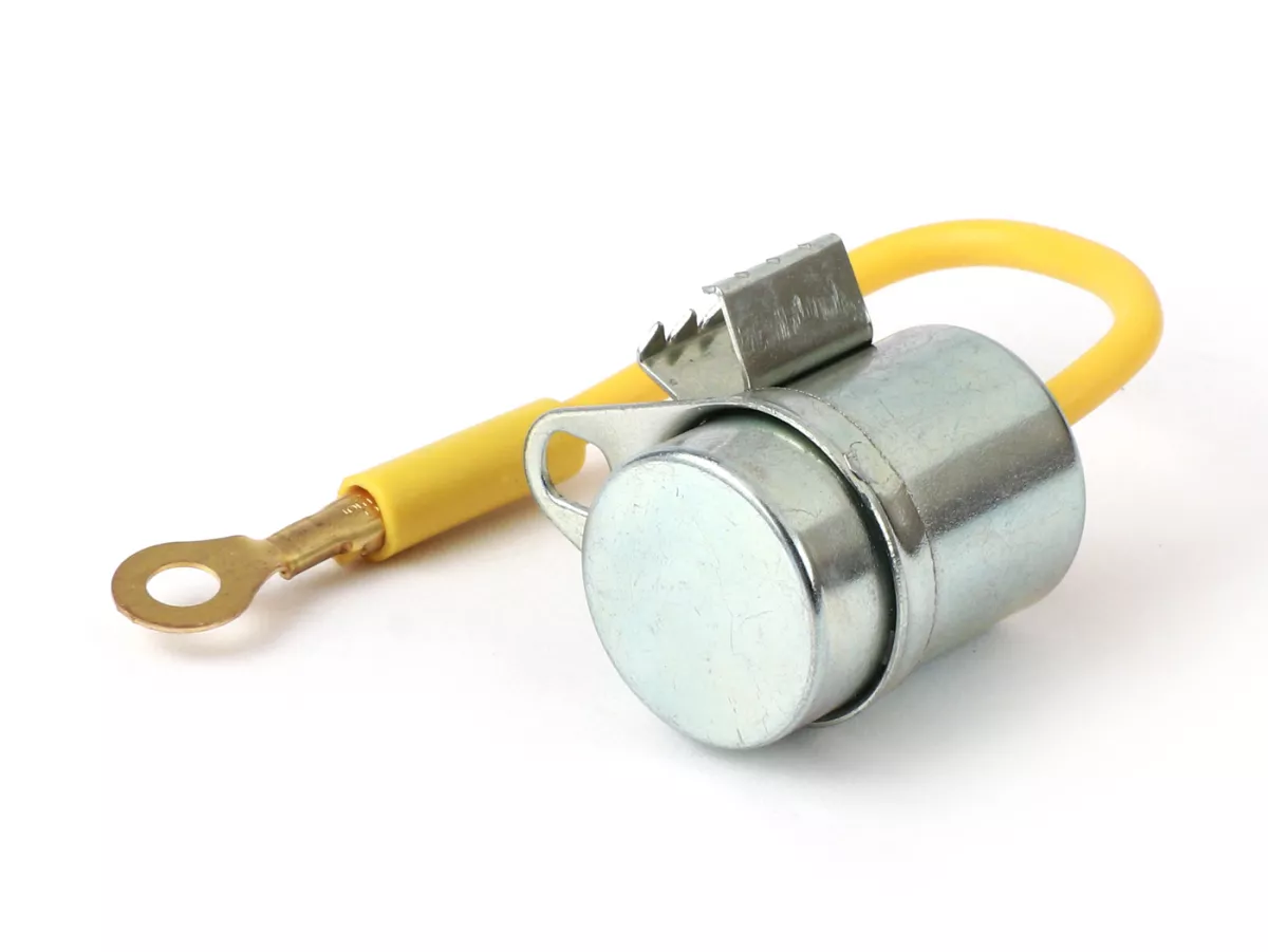 Condensateur -101 OCTANE- Ø=18x27mm- Piaggio Ciao SC, Bravo, Boxer - avec œillet de fixation, 1 fil (jaune)