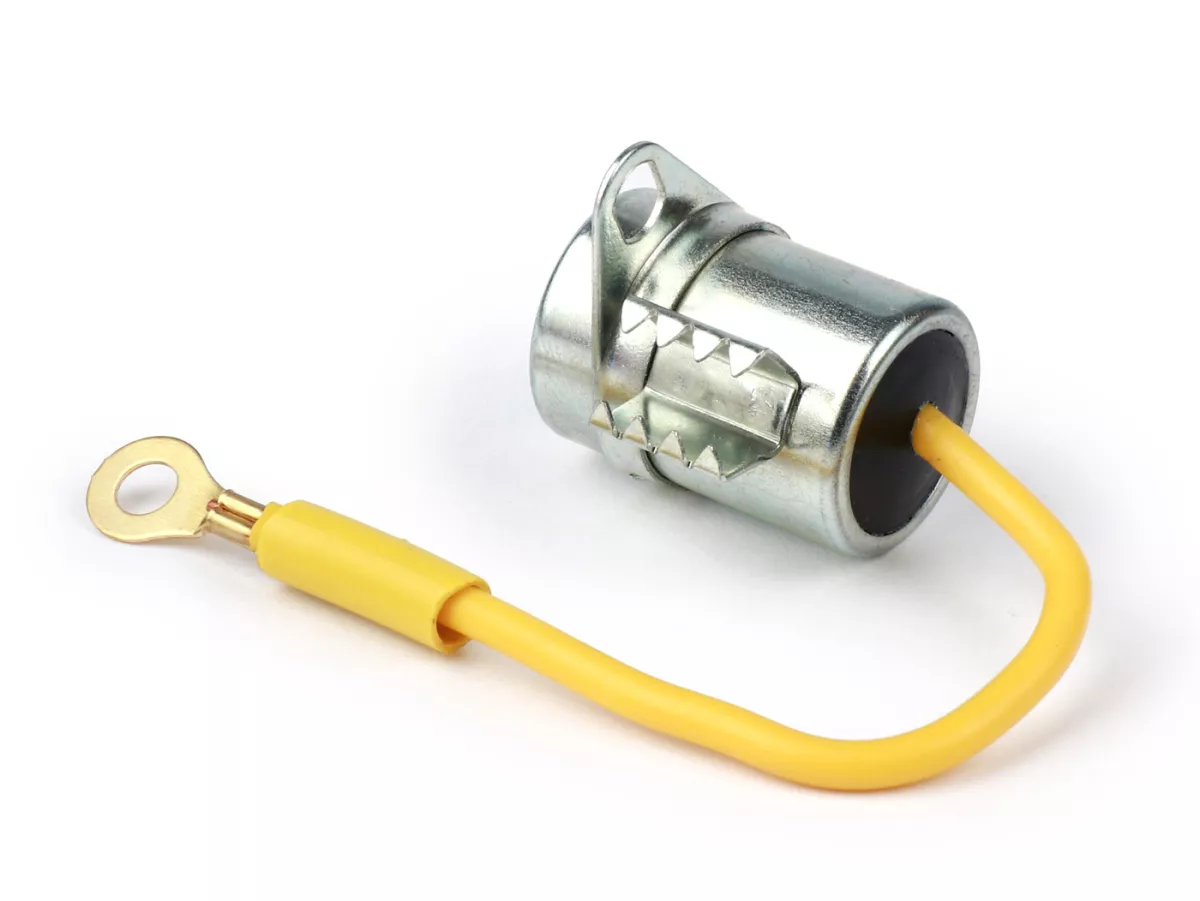 Condensateur -101 OCTANE- Ø=18x27mm- Piaggio Ciao SC, Bravo, Boxer - avec œillet de fixation, 1 fil (jaune)
