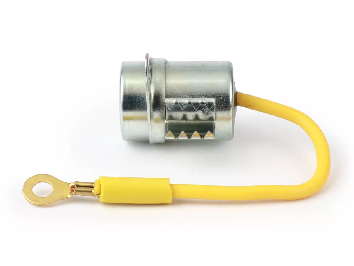 Condensateur -101 OCTANE- Ø=18x27mm- Piaggio Ciao SC, Bravo, Boxer - avec œillet de fixation, 1 fil (jaune)