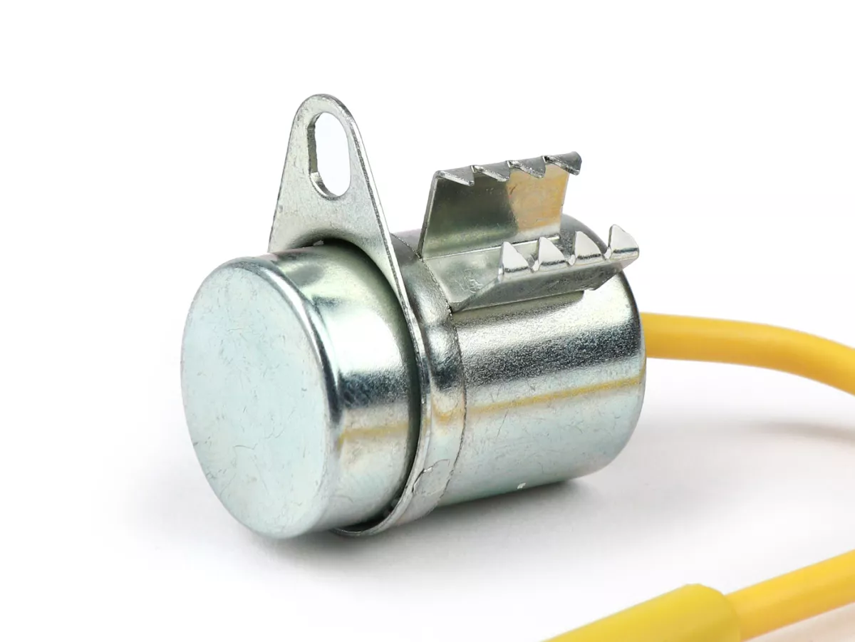 Condensateur -101 OCTANE- Ø=18x27mm- Piaggio Ciao SC, Bravo, Boxer - avec œillet de fixation, 1 fil (jaune)